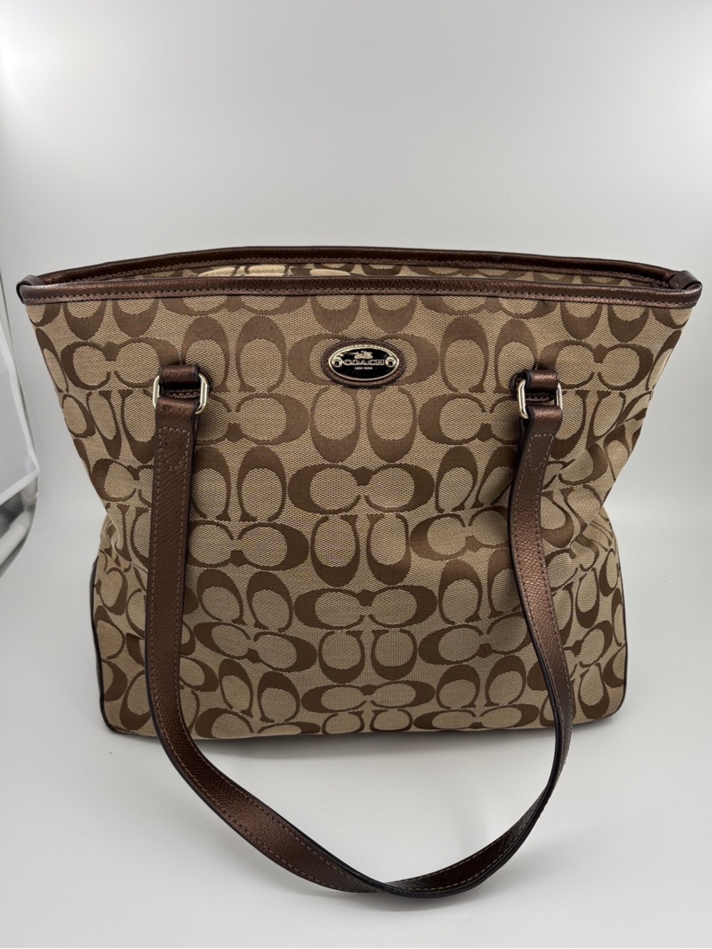 Coach Beige Brown Signature Canvas Tote with Dark Brown Straps